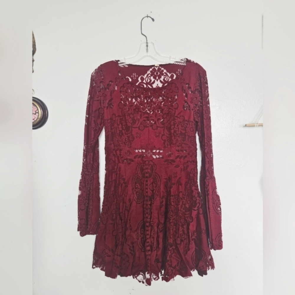 Elegant Burgundy A line Lace Dress by Free People.
